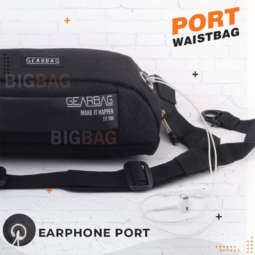 2 IN 1 PORT - Gear Bag HAGO Port 13137 - WITH EARPHONE HOLE + USB  Waistbag Selempang Pria