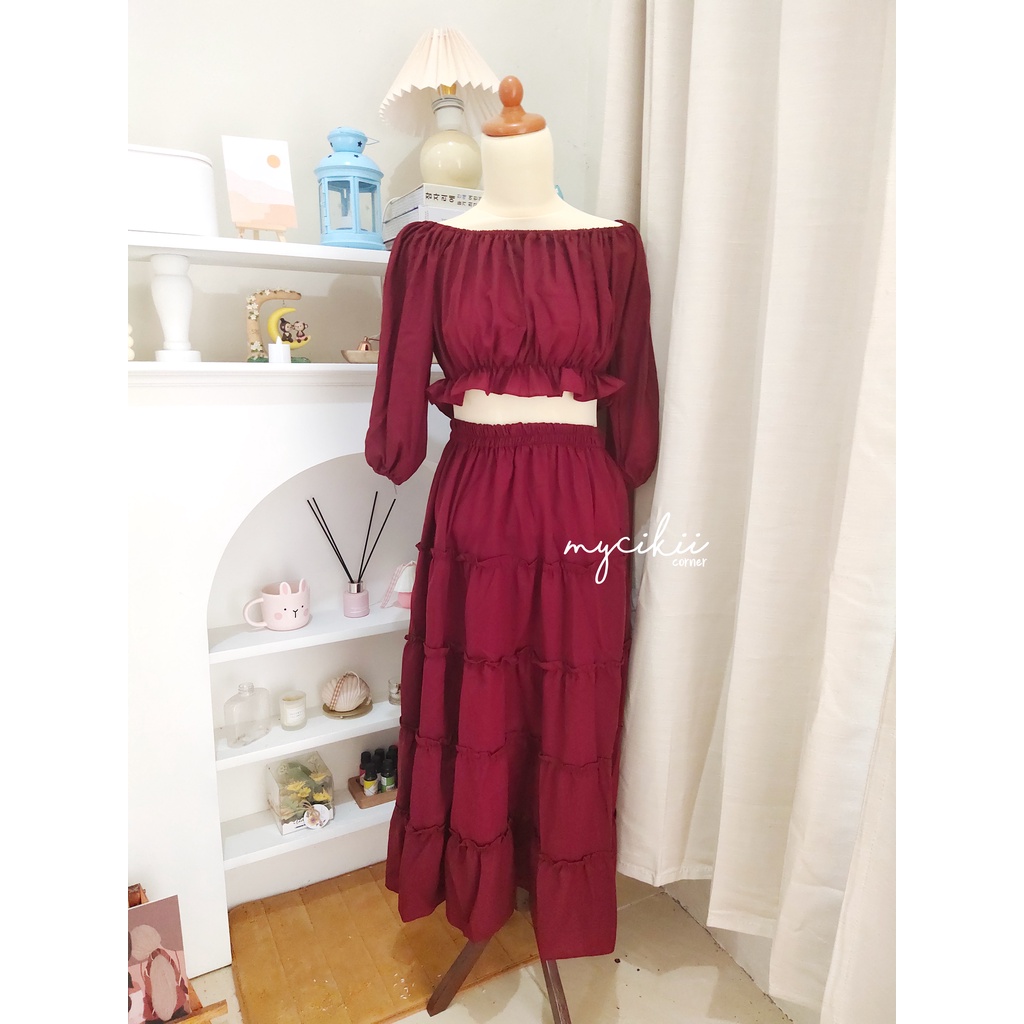 MyCikii Clara Maroon Sabrina & Skirt Set / Setelan wanita import bangkok / setelan wanita atasan sab