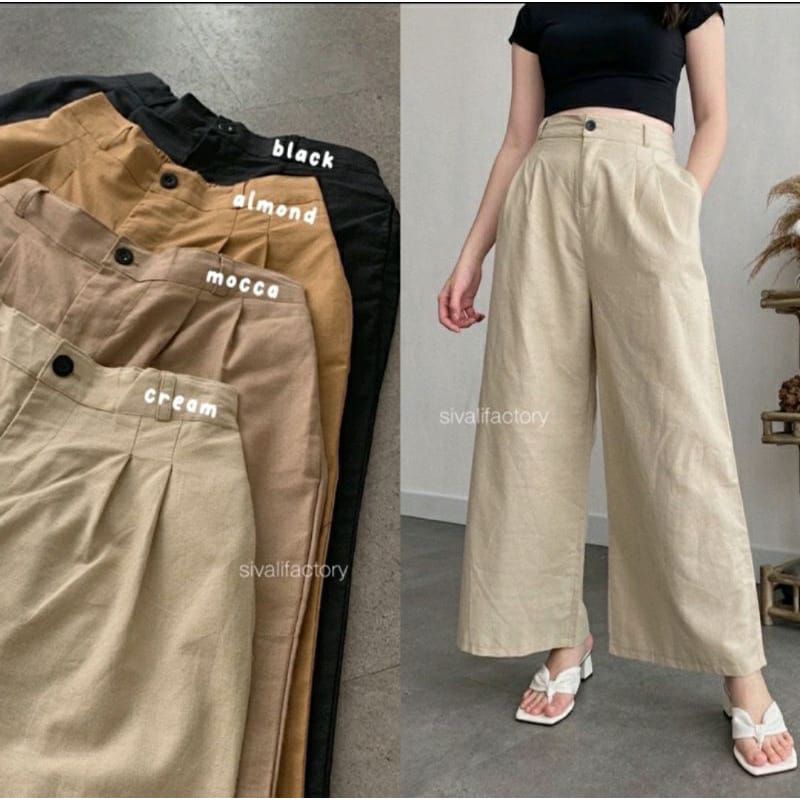 kulot linen highwaist premium bawahan wanita bahan katun linen polos kekinian terbaru viral