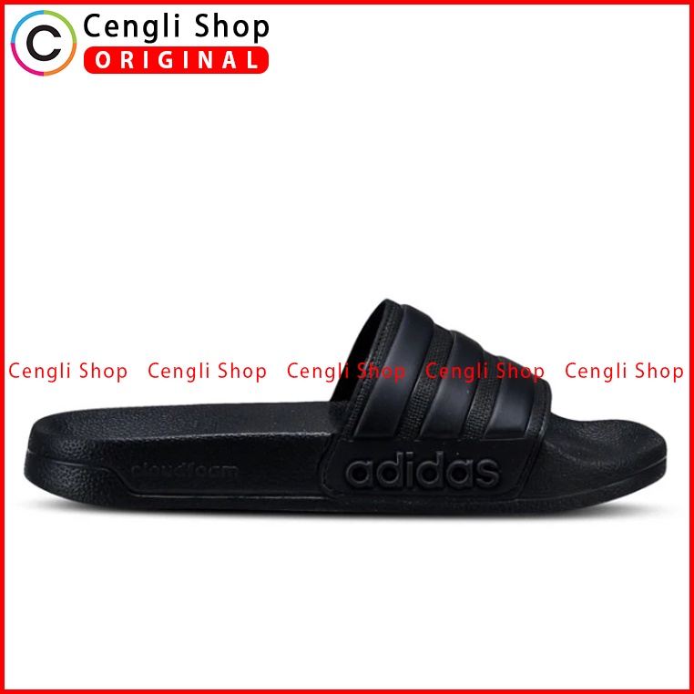 SANDAL ADIDAS PRIA ORIGINAL SLIDE ADILETTE SHOWER ALL FULL BLACK HITAM POLOS