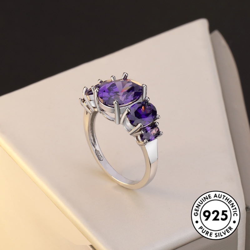 Cincin Sterling Silver 925 Simple Elegan Dengan Batu Amethyst Untuk Wanita