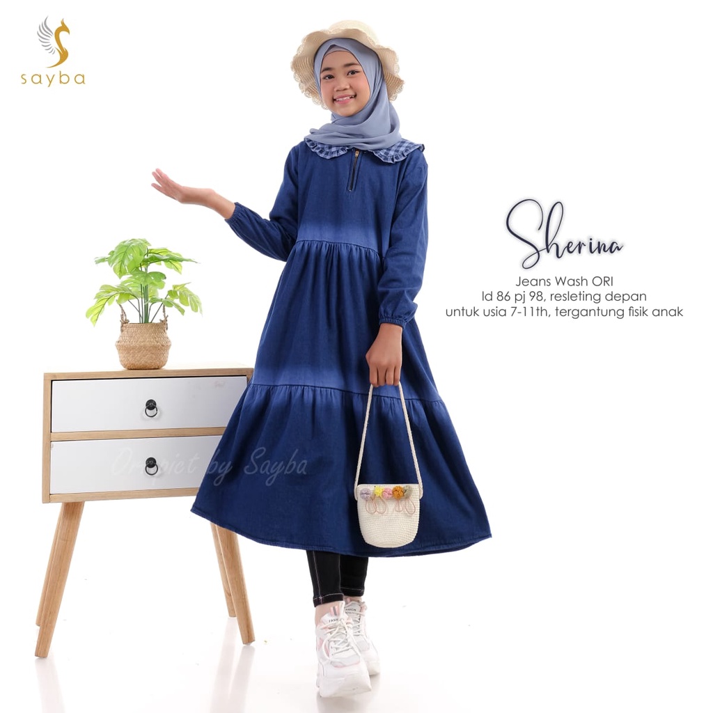 SHERINA TUNIK ANAK BY SAYBA. TUNIK ANAK PEREMPUAN. JEANS WASH ORI. USIA 7-11 TAHUN