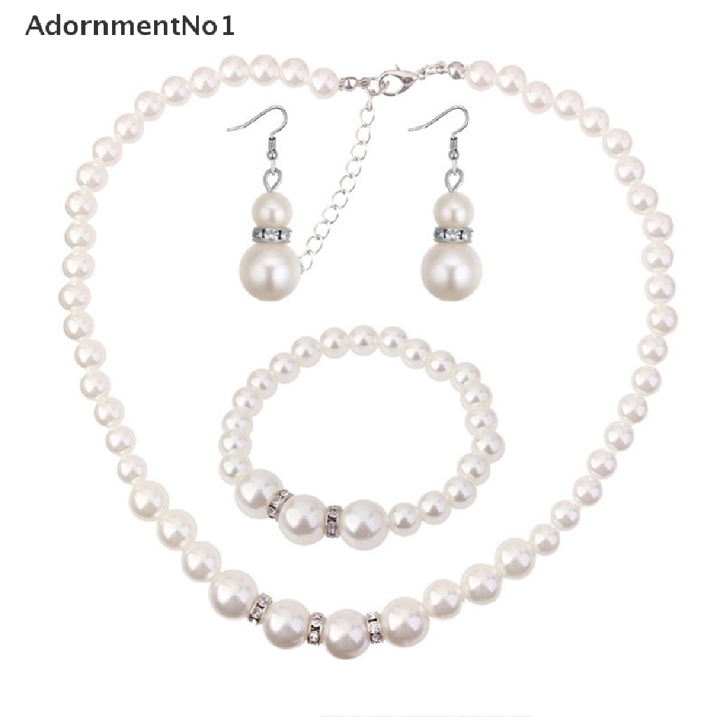 (AdornmentNo1) Set Kalung + Gelang + Anting Gantung Tusuk Aksen Mutiara + Kristal Untuk Perhiasan Wanita / Pernikahan