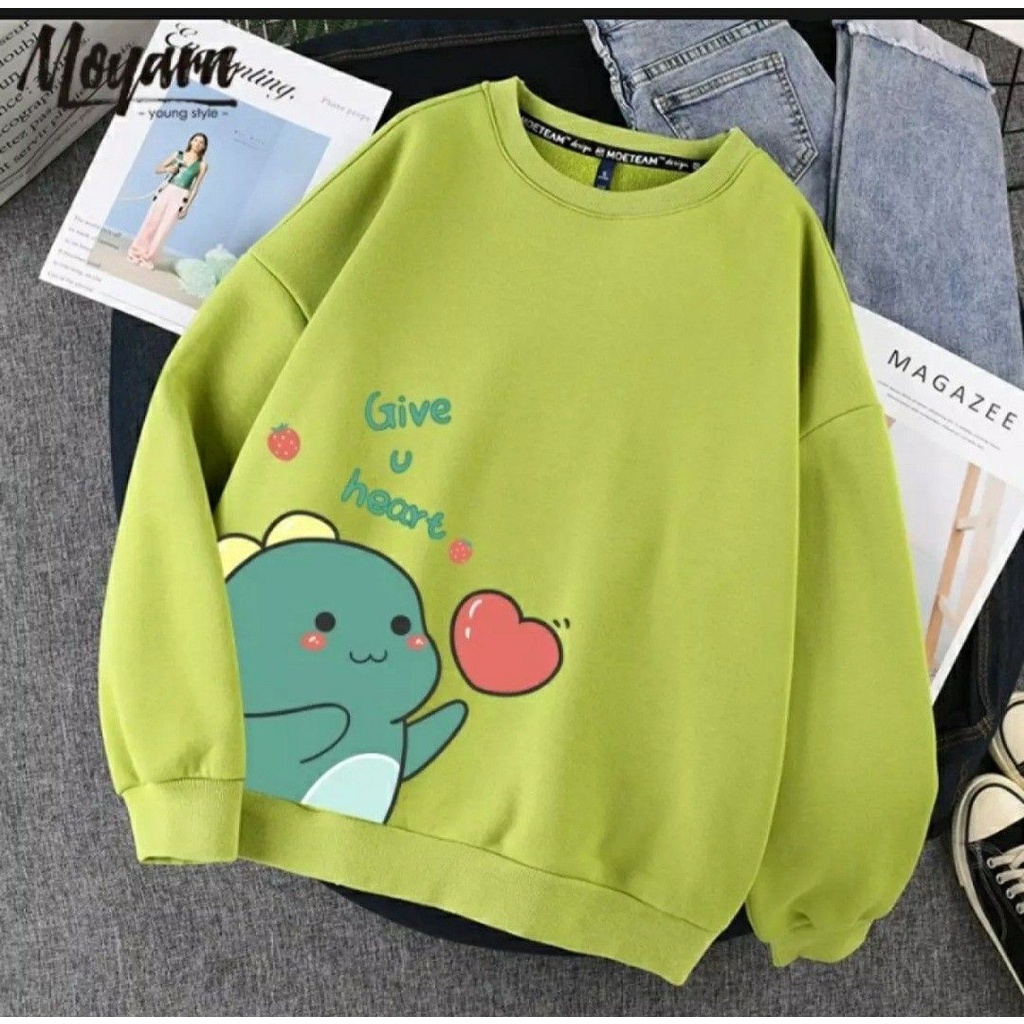 SWEATER WANITA DINO GIVE U HEART - CREWNECK WANITA LUCU PREMIUM