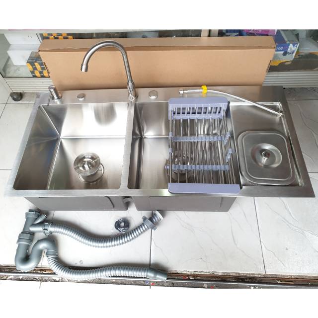 Bak cuci piring 2 lubang stainless SUS304 1 meter + tempat sampah PAKET LENGKAP