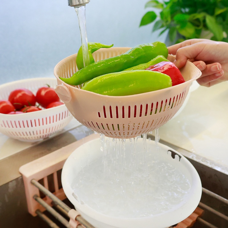 Keranjang Pengering Buah / Sayuran Portable Lapis Ganda Bentuk Bulat Dapat Dilepas Untuk Dapur