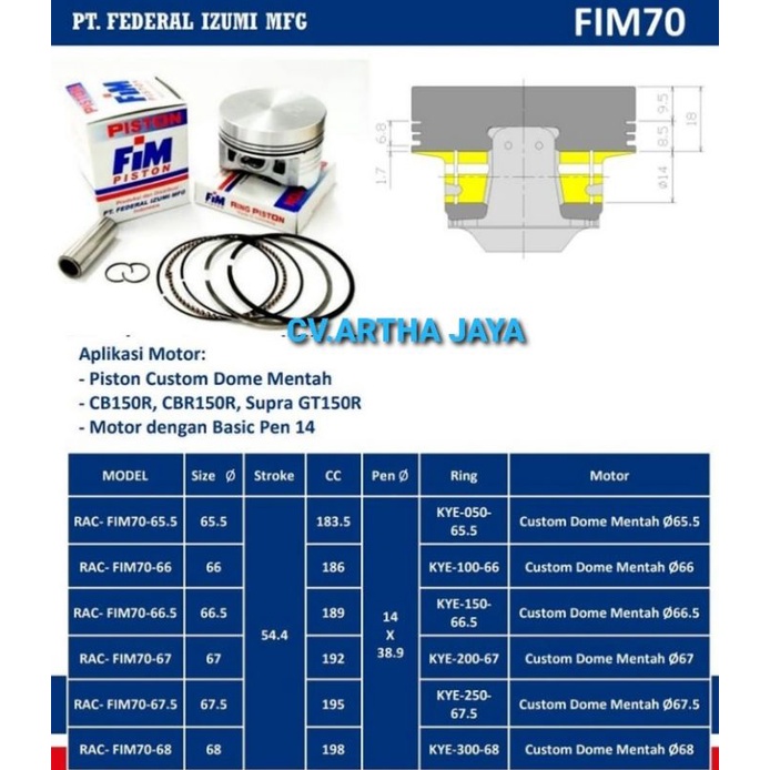 PISTON KIT FIM FIM70 CUSTOM DOME 6 ( 65,5 / 66 / 66,5 / 67 / 67,5 / 68 ) ( PIN 14 / PEN 14 )-5