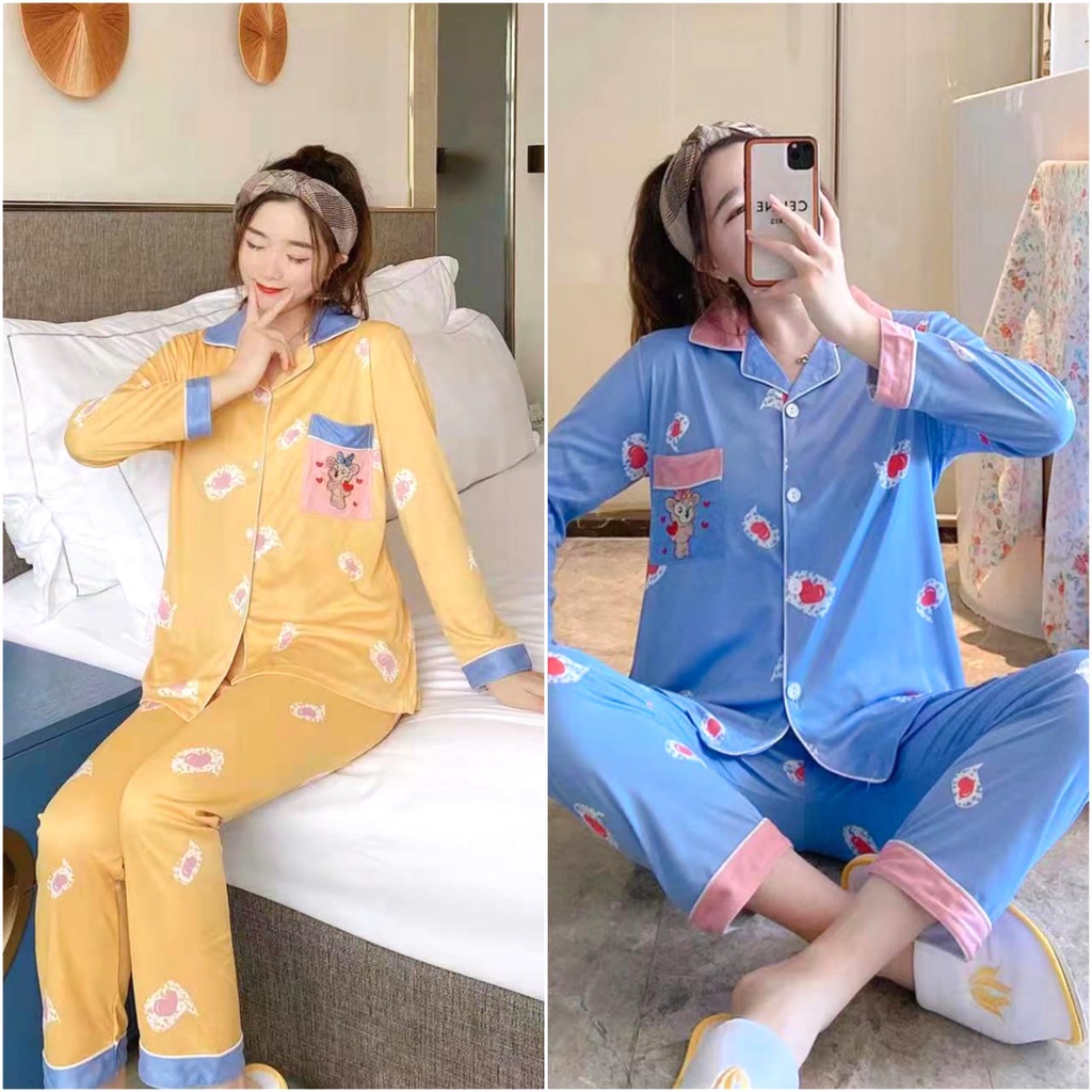 BEE - Setelan Wanita Import | Baju Tidur Lengan Panjang | Piyama Wanita | Baju Tidur Spandek