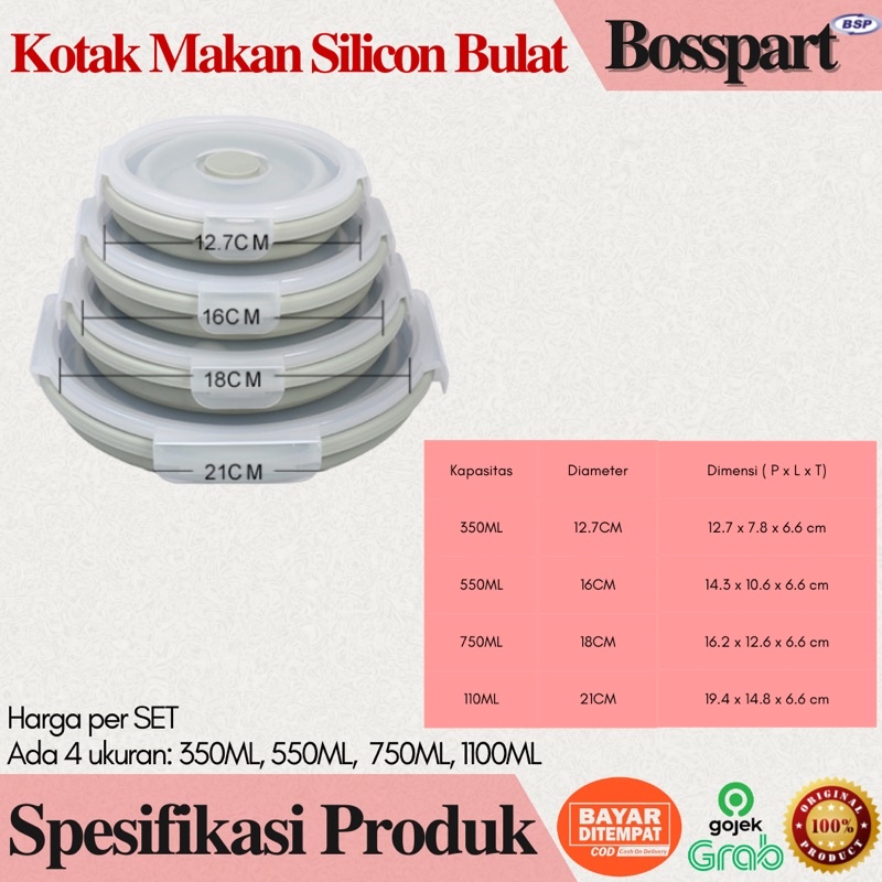 Tempat Makan Silikon / Kotak Makan Silicone /  Food Container Silicon Expandable / Wadah Makanan Lipat / Toples Bulat S M L XL