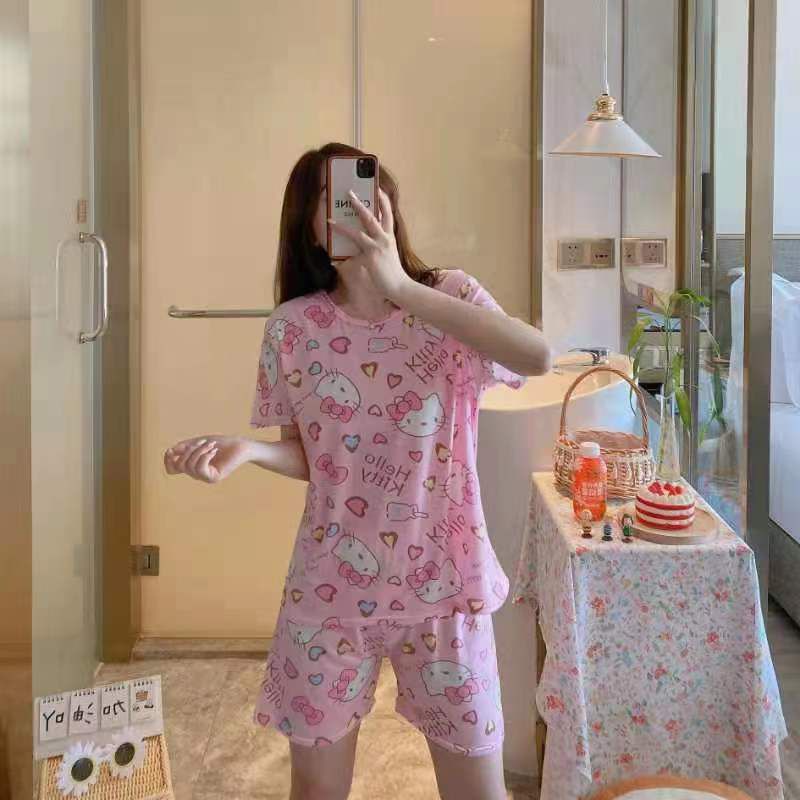 Piyama Baju Tidur Import Wanita Fashion Sleepwear Spandex Stelan Rumah Baju Santai Celana Pendek z-HP-Hello Kitty Pink