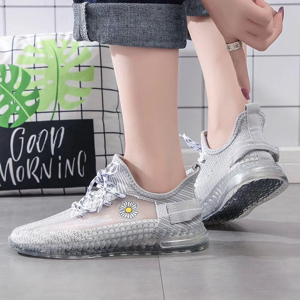 Sneakers Wanita Tali Sepatu Wanita impor lembut Tahan aus Non-slip Sol transparan Kain mesh bernapas-Abu-abu