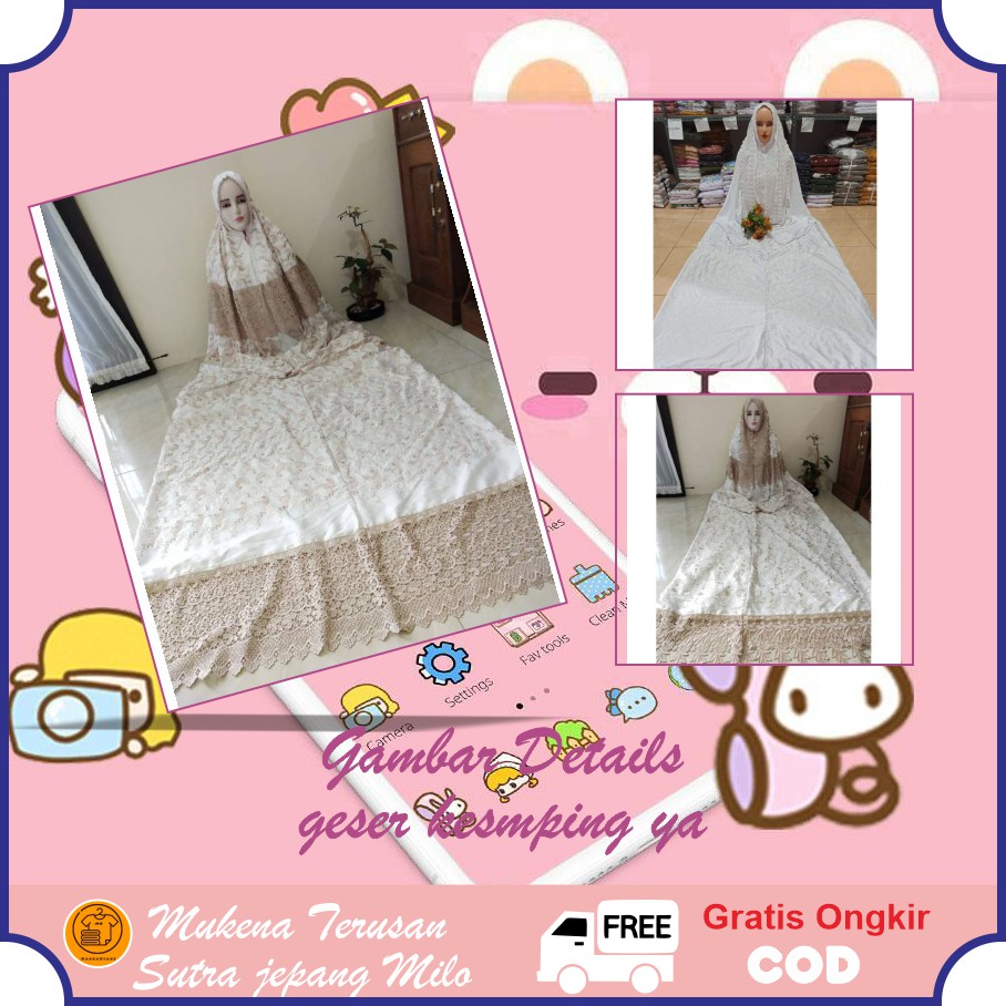 Mukena Terusan Dewasa Sutra jepang Milo renda cantik