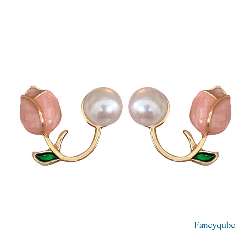Fancyqube Anting Stud Desain Bunga Tulip Pink Aksen Mutiara Gaya Korea Untuk Wanita 2022
