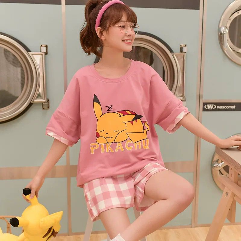 Ven 101- Setelan piyama lengan pendek import motif lucu/impor korea/baju tidur katun bahan lembut-104- Pikachu pink