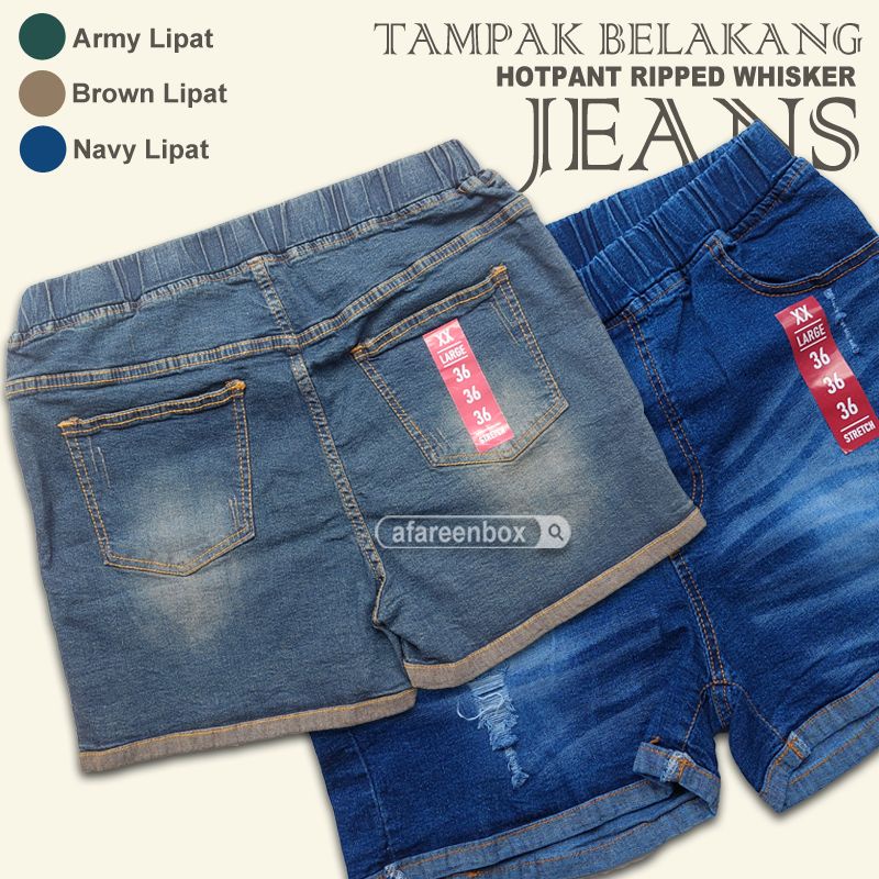 AFAREEN - Hotpant Jeans Ripped Whisker Stretch/ Melar Celana Pendek Jeans Wanita Korean Style Big Size Jumbo size 35-42