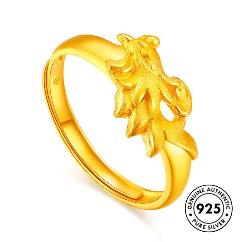 Cincin Pasangan Lapis Silver S925 Motif Naga + Burung Phoenix Untuk Pria / Wanita