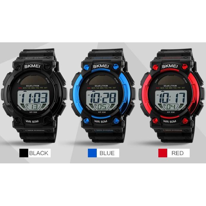 Stok Terbatas Jam Tangan Skmei Lithium Solar Power Waterproof Dual Time Tenaga Surya