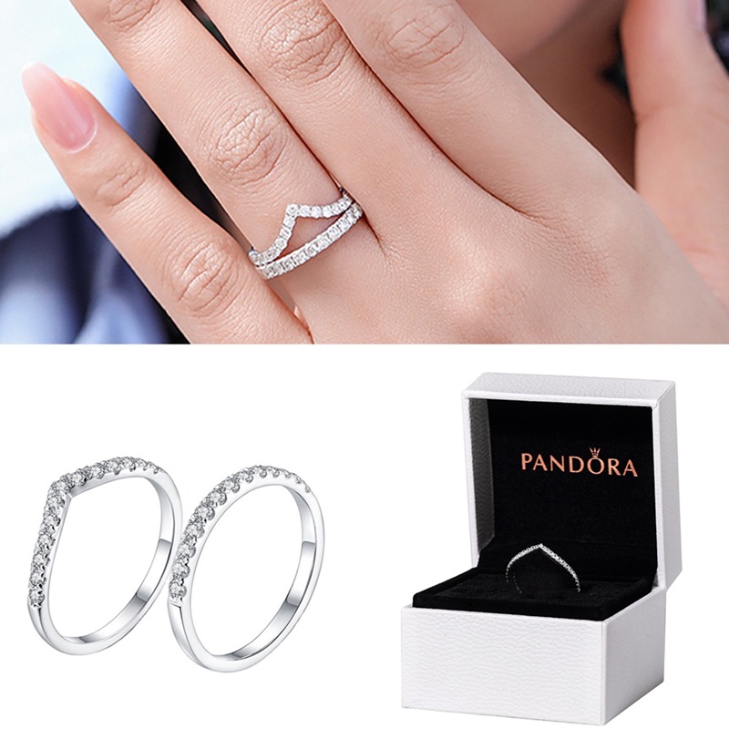 2pcs / Set Pandora Cincin 925 Silver Bentuk V Hias Cubic Zirconia Berlian Untuk Pernikahan