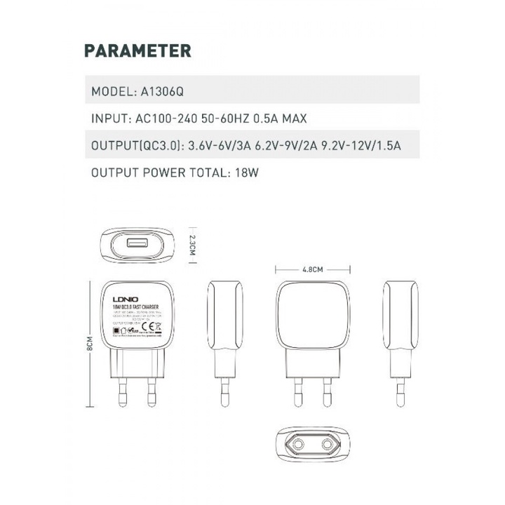 LDNIO A1306Q - Fast Wall Charger Single USB Port QC 3.0 (18W MAX)