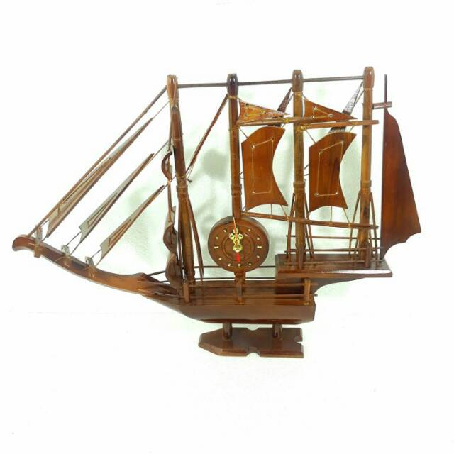 JAM DUDUK MINIATUR KAPAL PERAHU LAYAR KAYU JATI