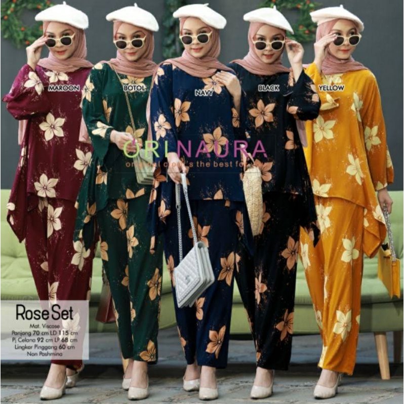 [BISA COD] SETELAN RAYON JUMBO WAKA WAKA ROSE SET MOTIF BUNGA