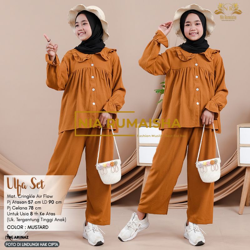 Setelan Anak #1 Motif Polsa / Falfa / Mia Rainbow / Gaida / Granada / Grenty / Shafa / Nagita / Metta / JK / Leopard / Khaula / Joela / Jihan / Jannah / Rasya / Rose / Jofa / Rinaya / Jannati / Ulfa / Moza Original Nia Rumaisha-Ulfa mustard