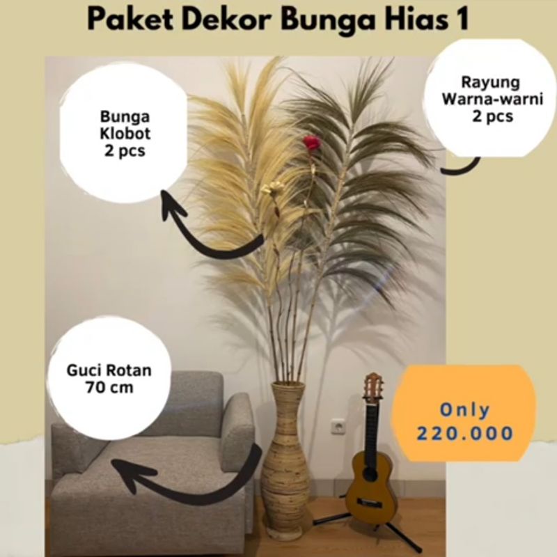 paket vas rotam dan bunga kering hias