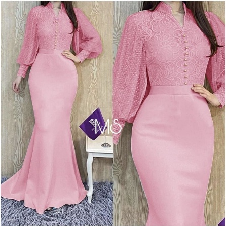 DRESS BRUKAT LENGAN PANJANG MODEL DUYUNG DRESS PESTA TERBARU BAHAN BRUKAT MODEL DUYUNG ALODIA SS LD 
