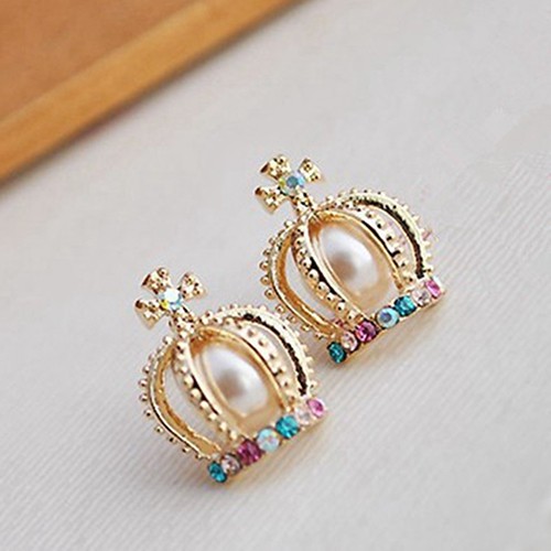 Anting Model Ear Stud Berhias Mutiara Imitasi Warna-warni Bentuk Mahkota Putri