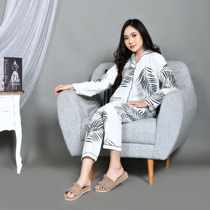 Baju Tidur Piyama Wanita/Cewek Pajamas Dewasa Katun Motif Daun Big Coco PP Lengan Panjang Kekinian