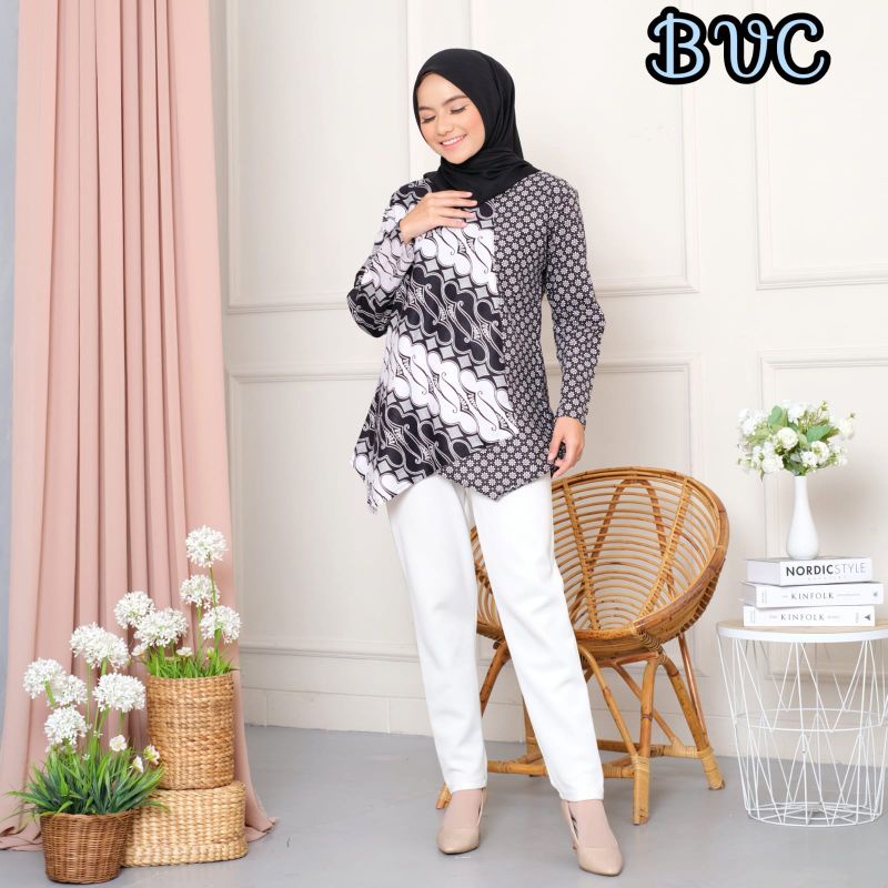 tey-17 Batik wanita ASJ SA HRB026 Kenongo Kemeja Tosca Pendek-Liris ireng marco