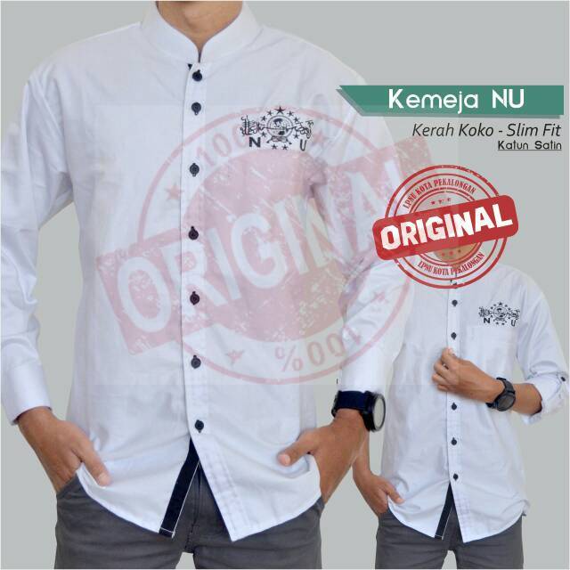Kemeja Koko pria Putih Nu Nahdlatul Ulama kain Satin
