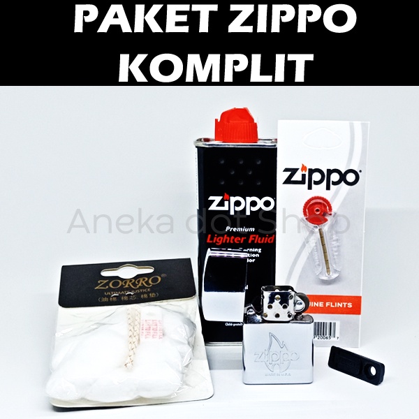 Paket Komplit Zippo 2 Denting + Kapas Sumbu Minyak Karet Flint