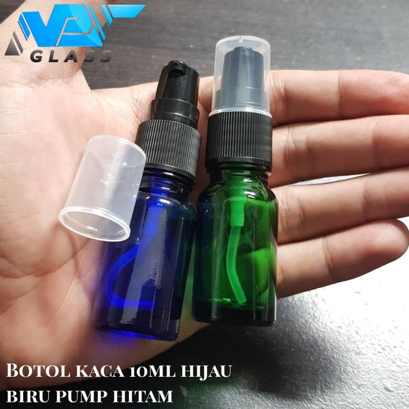 botol kaca 10ml pump treatment / botol kaca 10ml biru/hijau pump hitam