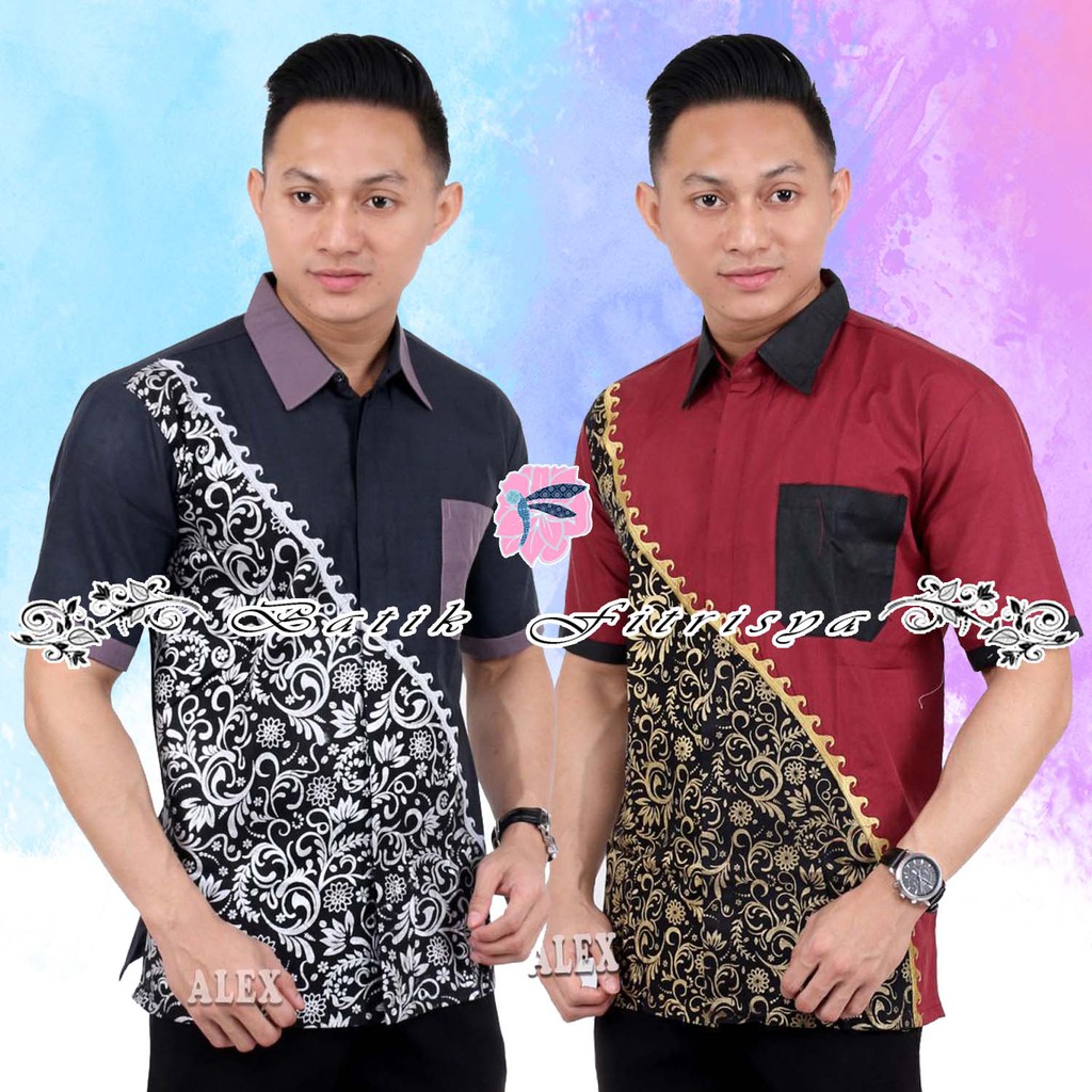 HEM KEMEJA LENGAN PENDEK BAHAN PREMIUM  MODERN KOMBINASI MOTIF BATIK PRIA MURAH WARNA MERAH HITAM