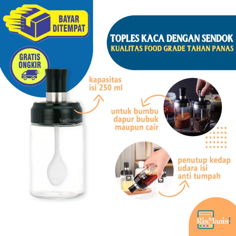 GLASS SEASONING JAR WITH SPOON - Toples Kaca Food Grade Botol Bumbu Dapur 250 ml Tutup Sendok Kedap