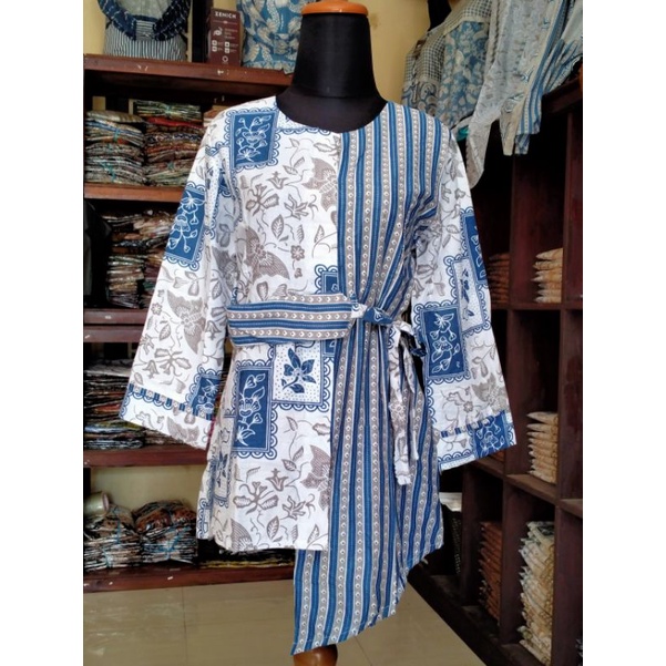tey-17 Batik wanita ASJ SA HRB026 Kenongo Kemeja Tosca Pendek-KUPU BIRU