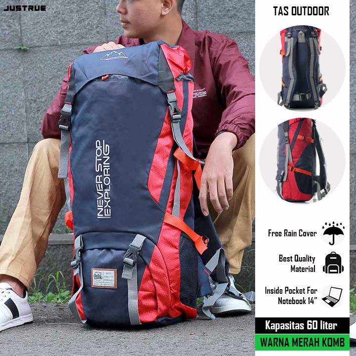 Justrue Tas Gunung Carrier 60 Liter Ransel Keril 60L Merah 229