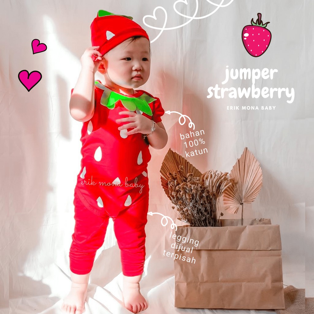 Ermon Baby - Jumper Bayi Laki Laki Perempuan Jumper Baby Cowok Cewek Lucu Karakter Buah Strawberry + Topi Usia 0 - 12 Bulan