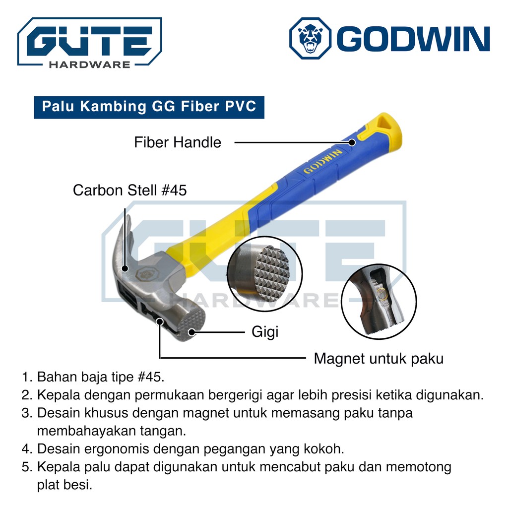 Palu Kambing Gagang Fiber / Claw Hammer &quot;Godwin&quot; Carbon Steel Asli!