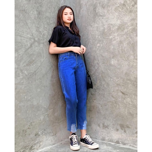 Dazina Boyfriend Jeans Denim Ripped lower Bahan Tebal Premium