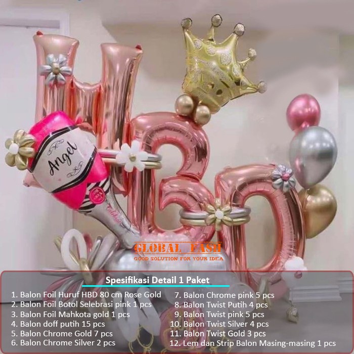 set dekor balon HBD selebrasi botol pink / Paket Dekor Balon Ultah HBD