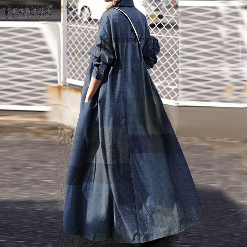 ZANZEA Women Casual Long Sleeve Plaid Turn-Down-Collar Long Dress