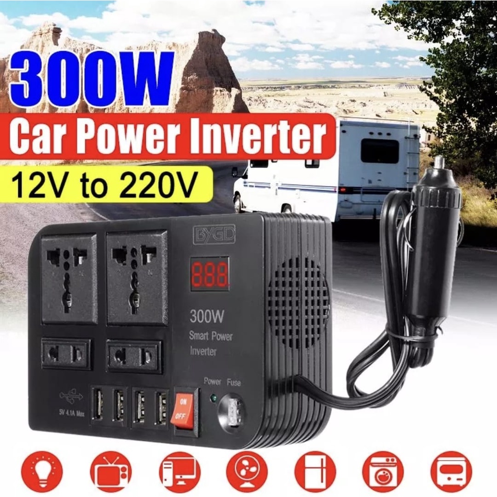 Inverter Mobil 300watt Car Power Lighter 4 soket power &amp; 4 usb 4.1A