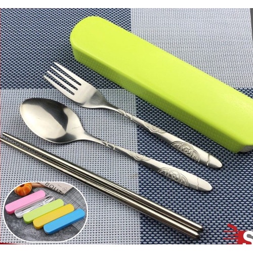 Sendok Set STAINLESS STEEL Free Box Sendok Garpu Sumpit Set 4 in 1