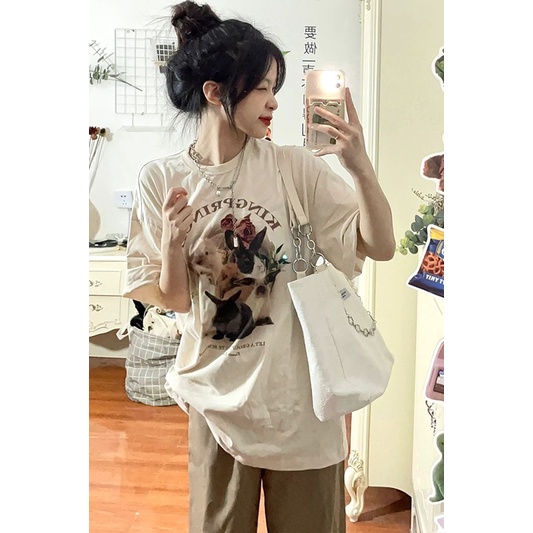 EUNII T-shirt Lengan Pendek Cute Rabbit Korean Style/Kaos Atasan Wanita/Baju Kaus Oversize Wanita