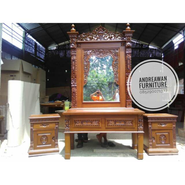 meja rias gebyok dan 2 nakas - nakas - tolet gebyok jati jepara