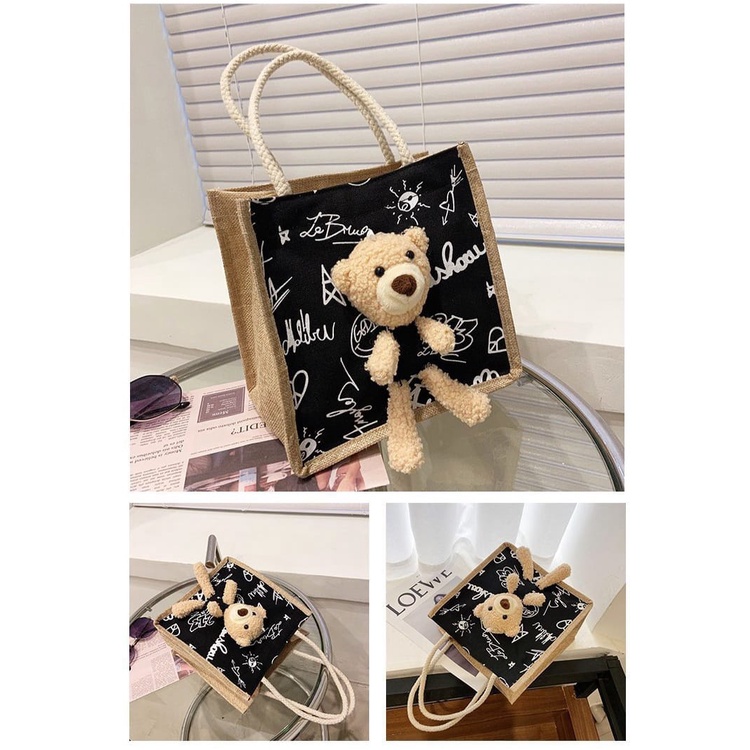 TOTE BAG SELEMPANG KANVAS ADA TEDDY BEAR + SLETING