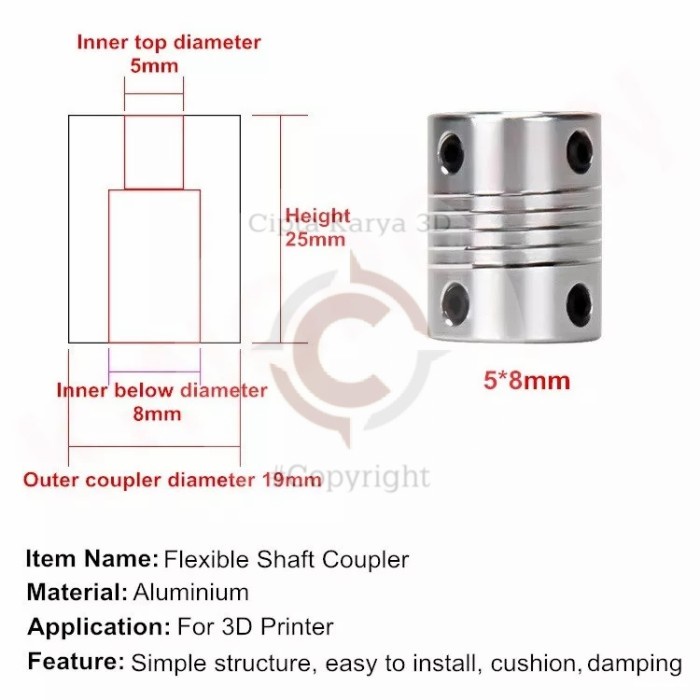 Aluminium CNC Motor Jaw Shaft Coupler 5mm To 8mm Flexible Coupling OD - 5*8mm