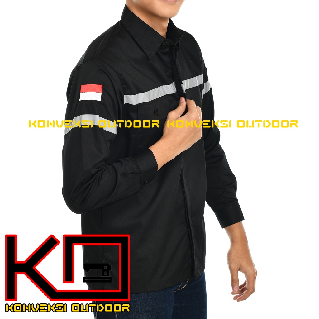 KEMEJA WEARPACK BAJU SAFETY K3 OUTDOOR INDOOR - Seragam Kemeja Kerja Lapangan Lengan Panjang Proyek Bangunan Tambang Alat Berat PLN Enginer Instalasi Mesin werpek sefti Scotlit Warna Hitam Konveksi Outdoor